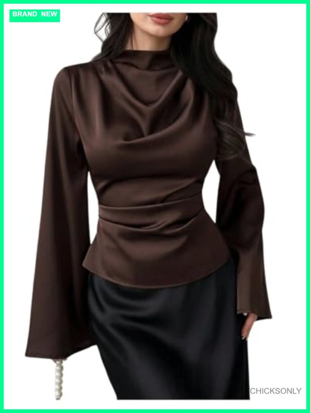 Satin Bell Long Sleeve Blouse Mock Neck Ruched Business Casual Top